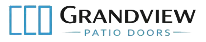 Logo of Grand Patio Door company with blue and black text.