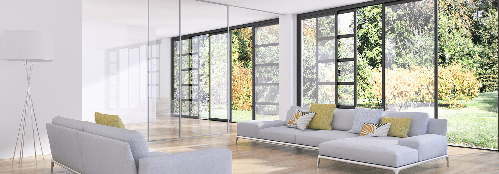 Minimalist room featuring floor-to-ceiling windows