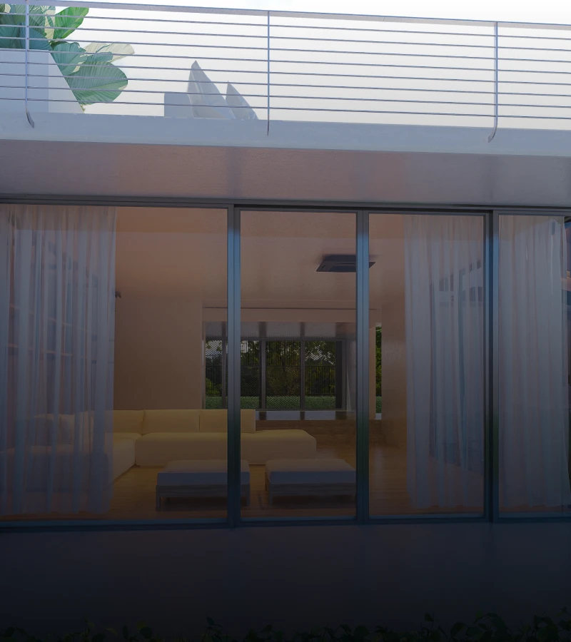 Modern living room with large windows