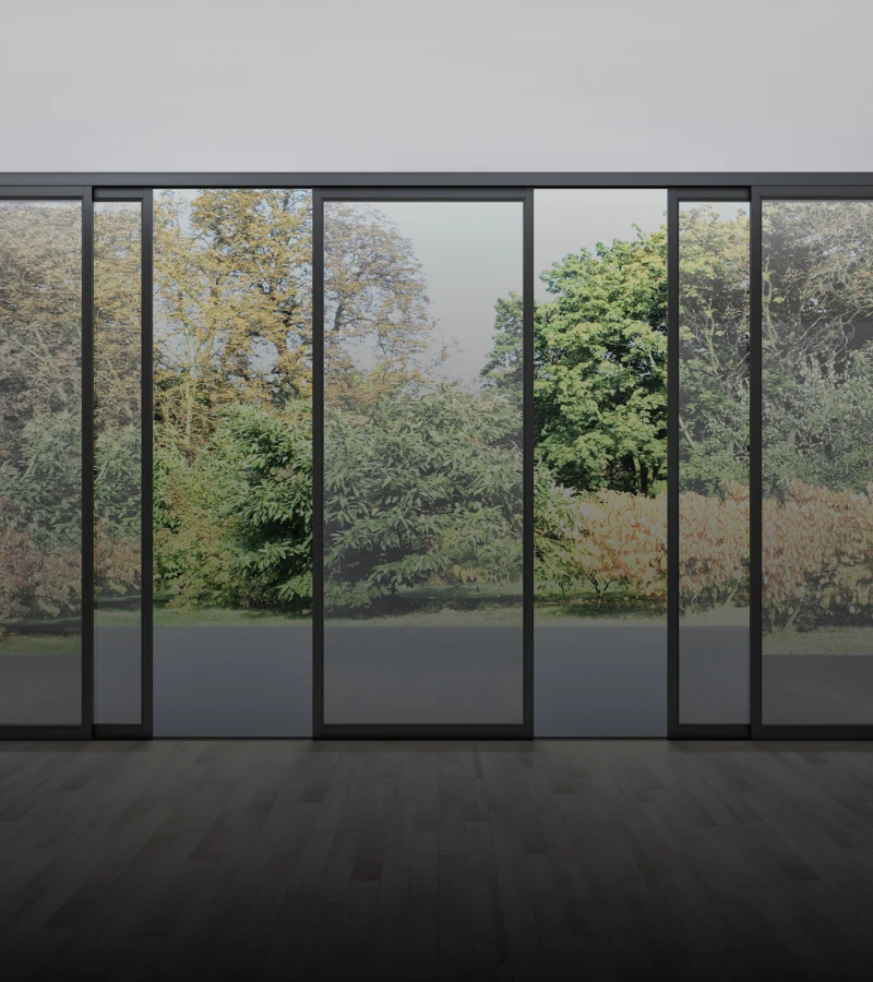 Scenic landscape through modern glass panels