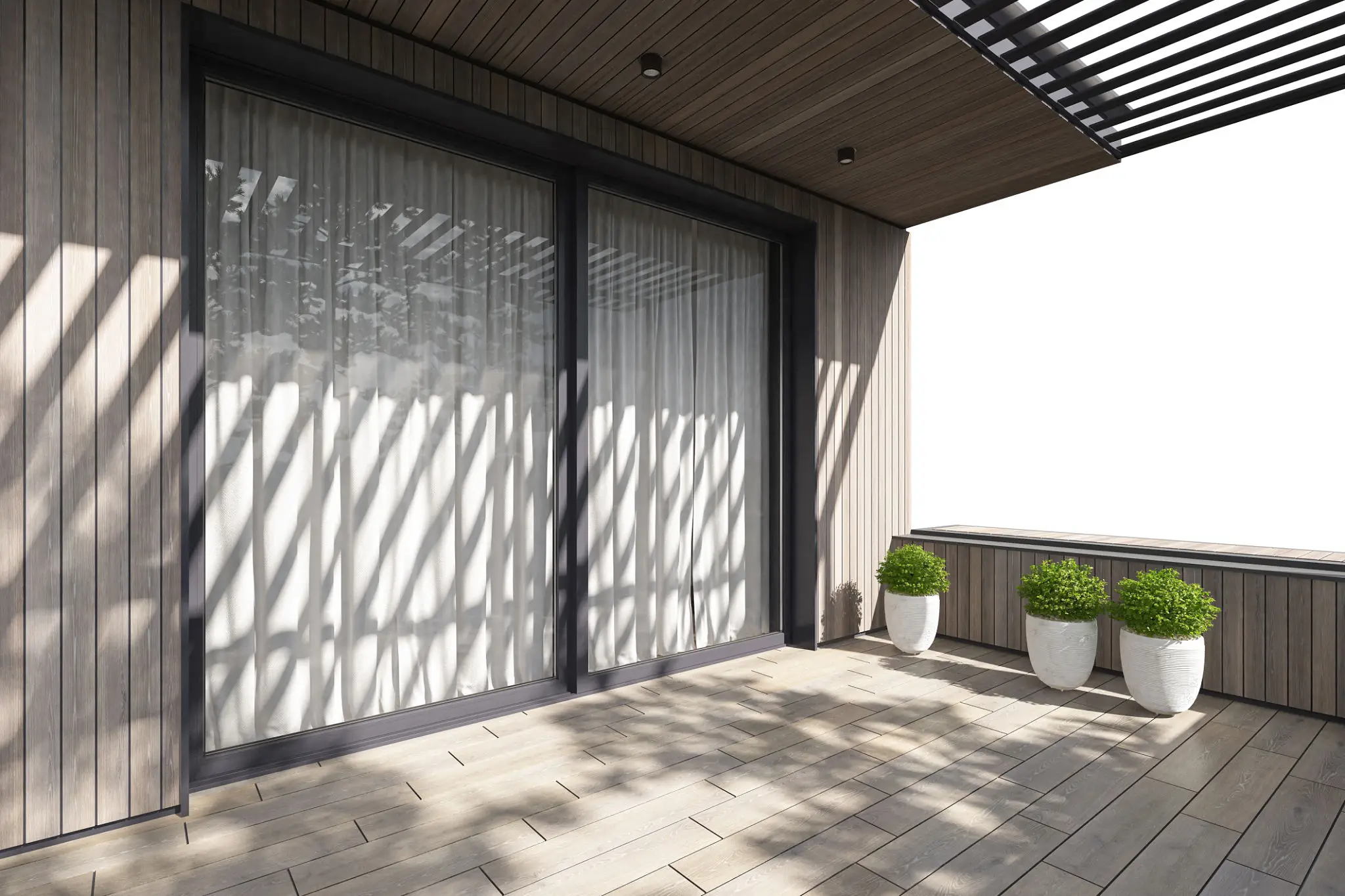 Modern patio with sliding glass doors and patterned shadows.